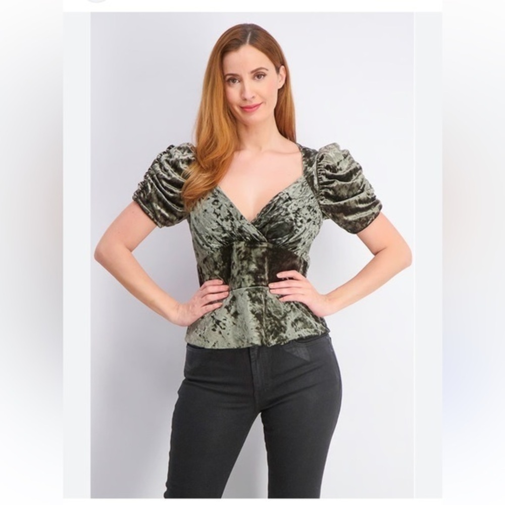 Topshop Velvet Ruched Sleeve Blouse Top Olive Green Cocktail Party Size 4